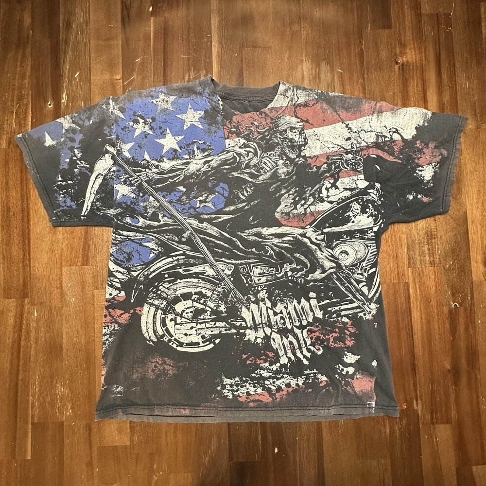 VTG AOP Miami Ink Shirt Mens XL American Flag Skeleton Biker All Over Tee
